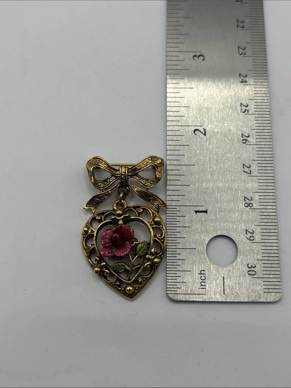 1928 Gold-Tone Heart Brooch with Pink Flower and Green Leaves